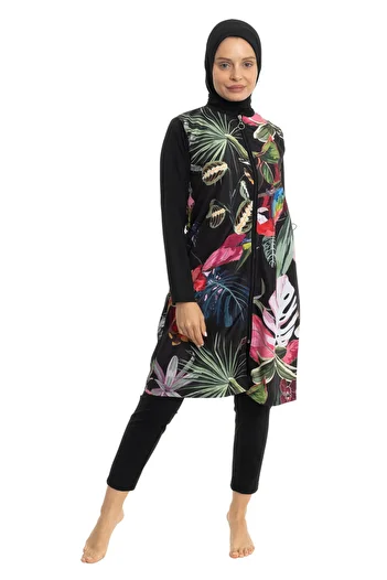 LEOMA Fully Covered Water Repellent Quick Drying Side Adjustable Zippered Patterned Hijab Swimsuit
