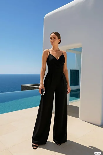 ÇEÇİM Women's Gray Straps Double Breasted Collar Loose Wide Leg Jumpsuit Zyn-58791