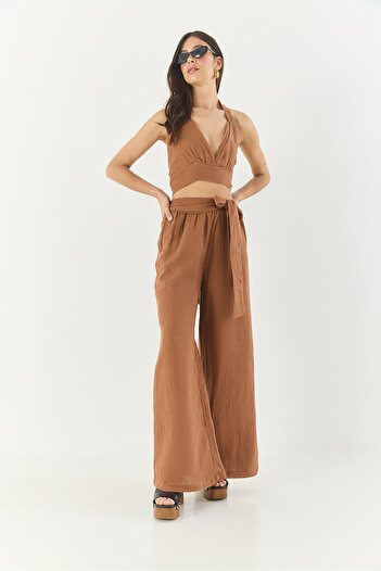 Bianco Lucci Women's Natural Linen Tie-Up Seamless Triangle Crop Elastic Waist Loose Trousers Bohemian Set 60283322