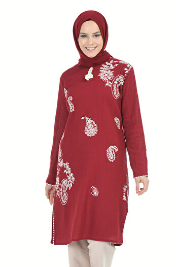 sefamerve Şile Cloth Printed Tunic 0506-03 Claret Red