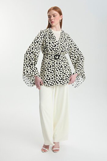 Zühre Polka Dot Patterned Belted Ecru Triple Combination Suit Tk-1495