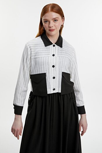 Zühre Shirt Collar Pocket Detailed Ecru/Black Double Suit Tk-1617