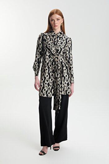 Zühre Black Double Suit with Chain Pattern Buckle Belt Tk-1590