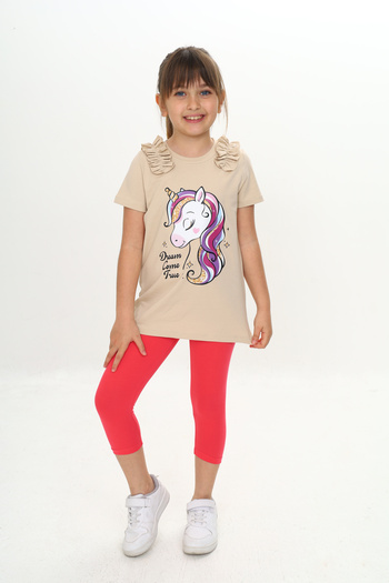 Sevimli Girl's Summer T-Shirt & Leggings Set with Ruffles and Unicorn Pattern