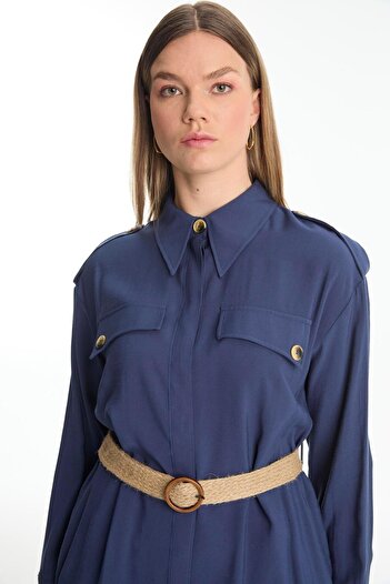 Zühre Shirt Collar Belted Navy Blue Double Suit Tk-1550