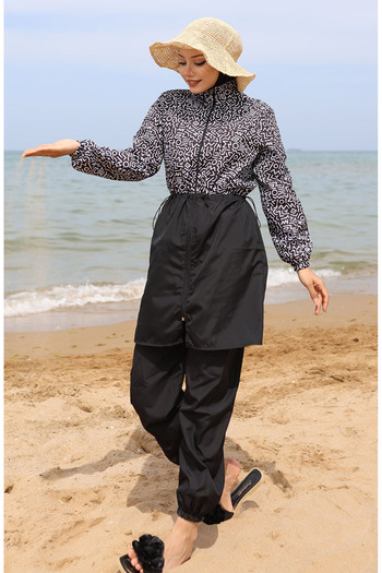 sefamerve Selen Elastic Waist Hijab Swimsuit 5043-01 Black White