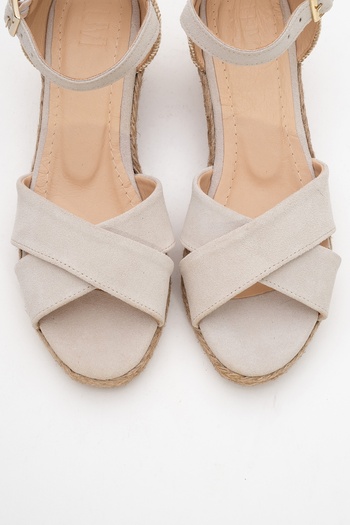 LuviShoes Mi̇ri̇a Beige Suede Genuine Leather Cross-Strapped Women's Wedge Heeled Sandals