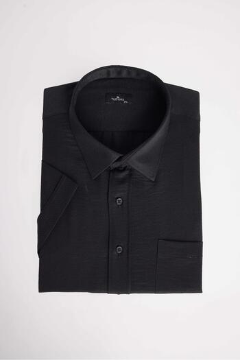 Tudors Men's Big Size Plus Size Short Sleeve Cotton Single Pocket Dobby Black Shirt