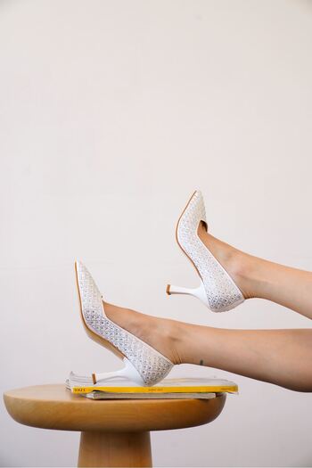 MODAADAM Kadın Roday Taşlı Topuklu Stiletto Ayakkabı - Beyaz