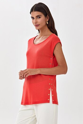 İKİLER Eyelet Detailed Round Neck Blouse 025-1007