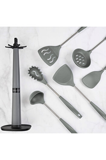 Onuvio Set of 6 Silicone Kitchen Utensils with Hook-Type Countertop Holder, BPA-Free, Onuvio® - Gray