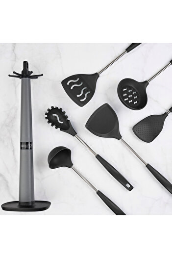 Onuvio Set of 6 Silicone Kitchen Utensils with Hook-Type Countertop Holder, BPA-Free, Onuvio® - Black