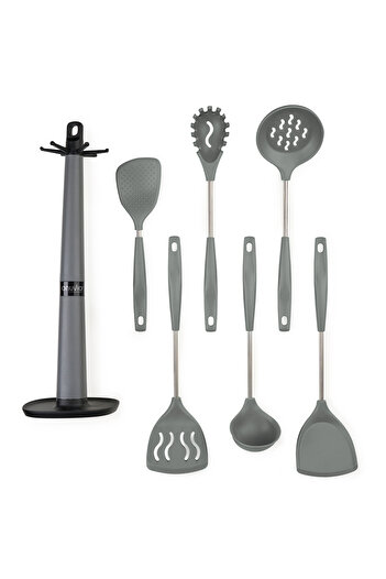 Onuvio Set of 6 Silicone Kitchen Utensils with Hook-Type Countertop Holder, BPA-Free, Onuvio® - Gray
