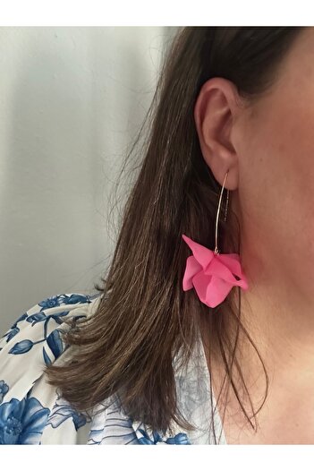 alsaccessories Women's Dark Pink Acrylic Gold Color Chain Bottom Stylish Earrings with Leaves Length 7 cm