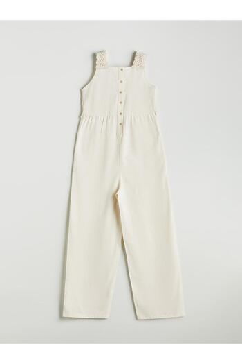LC Waikiki Square Collar Lace Detailed Linen Blend Girls' Jumpsuit