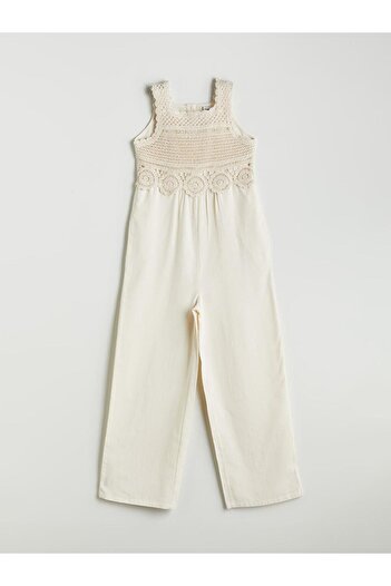LC Waikiki Square Collar Lace Detailed Linen Blend Girls' Jumpsuit