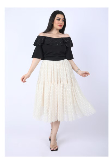 FULLJOY Elegant two-piece set: black blouse and white tulle skirt