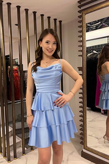 By Saygı Women's Rope Strap Back Lace up Skirt Layered Satin Short Dress