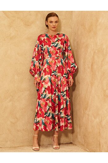 Kayra Floral Pattern Satin Dress Red