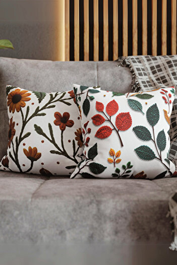 BudaBu Punch Embroidery Patterned Digital Printed Cream Background White Floral Patterned 2-Piece Combination Throw Pillow Cover
