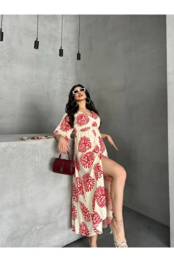 BLUSS Γυναικείο καλοκαιρινό φόρεμα βισκόζης σε μποέμικο στυλ - με σκίσιμο και σχέδιο