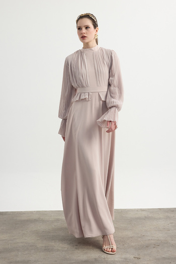 Birgül Bektaş Stone Color Pleated Crepe Chiffon Dress