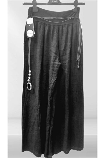 STLB Elastic Waist, Wide Leg Pockets, Leather Lacing Detailed Linen Trousers