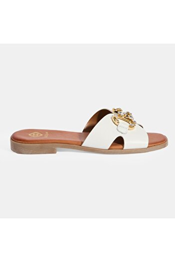 Desa Women's White Stone Buckle Accessory Leather Slippers