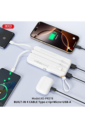 REDz Accessories XO-PR278 Battery with 4 Integrated Cables, Powerbank 10,000mAh, 3 Integrated Ports, LED, White