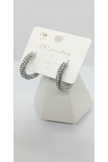 ndjewelry Silver Color Stone Detailed Hoop Earrings