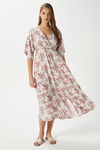 Ritnice Women's Katy Pink Floral Elastic Waist Slit Viscose Summer Dress