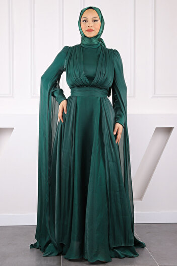 İmajButik Emerald Green Shoulder Detailed Draped Evening Dress