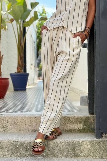 Güneşkızı Beige Striped Washed Elastic and Tie Waist Pipe Leg Loose Woven Trousers 0 0
