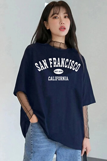 yueswear Unisex San Francisco Printed Relaxed Cut Navy Blue T-Shirt
