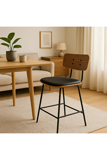 MARIA HOMES Mid-Century Modern Bar Stool with Wooden Backrest and Black Metal Legs – Stylish Seating Solution