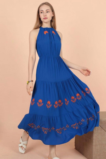 AYASOFYA OTANTIK Rochie lungă fără mâneci, albastră, cu decolteu, cu broderie florală etnică