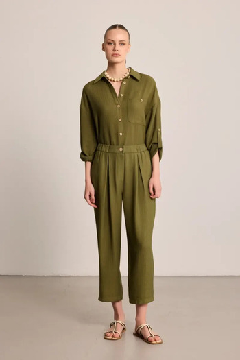Gusto High Waist Pants with Crinkle Effect - Khaki