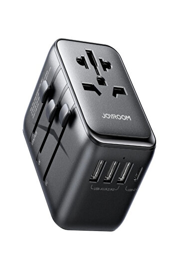 Joyroom All-in-one adapter with 3 USB-A, 1 USB-C, and AC ports; UK, US, AU, EU plugs; 17W output