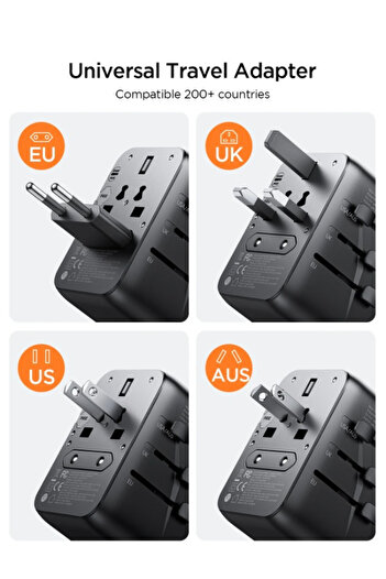 Joyroom All-in-one adapter with 3 USB-A, 1 USB-C, and AC ports; UK, US, AU, EU plugs; 17W output