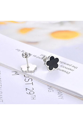 REDz Accessories Earrings Flowers with black decoration, Screw closures, for Women, Fashion, Silver