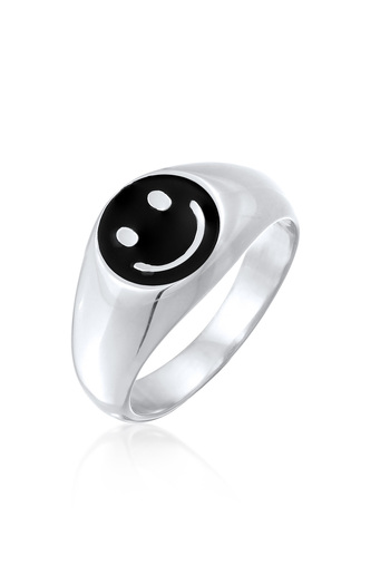 KUZZOI Ring Herren Siegelring mit lächelndem Gesicht und Emaille schwarz in 925 Sterling Silber