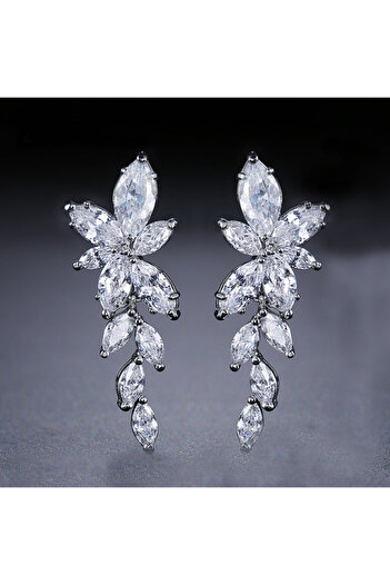 REDz Accessories Majestic Leaf Earrings, Zirconia Crystals, Elegant, Women, Silver