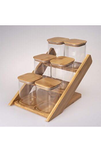 Hinora Bamboo 3 Tier 6 Piece Spice Jar with Stand Silicone Lid Airtight Glass Jars 33X24X20Cm