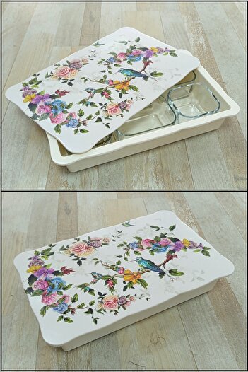 Pinkev 6-Piece Glass Breakfast Bowl Set with Melamine Tray - Bird Patterned
