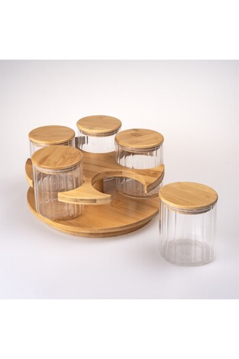 Hinora Bamboo Rotating Stand Glass Spice Rack Set of 5 with Holder 23X12Cm Silicone Lid Airtight