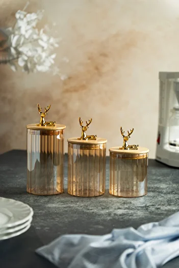 clasavm 3' Smoked Glass Jar with Bamboo Lid and Deer Figure |   Smoked Color Glass Storage Container