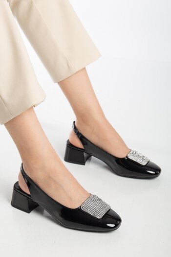 Dilimler Ayakkabı Large Size Women's Low Heeled Shoes Black Square Stone Open Heel