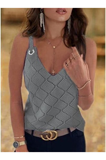 Modayakamoz Women's Sleeveless Ring Detail Baklava Pattern Strap Knitwear Blouse