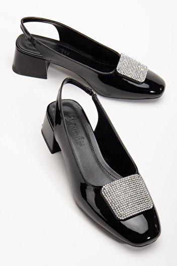 Dilimler Ayakkabı Large Size Women's Low Heeled Shoes Black Square Stone Open Heel