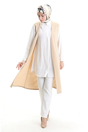 sefamerve Seasonal Long Basic Vest Plus Size Mother Vest 8748-03 Beige